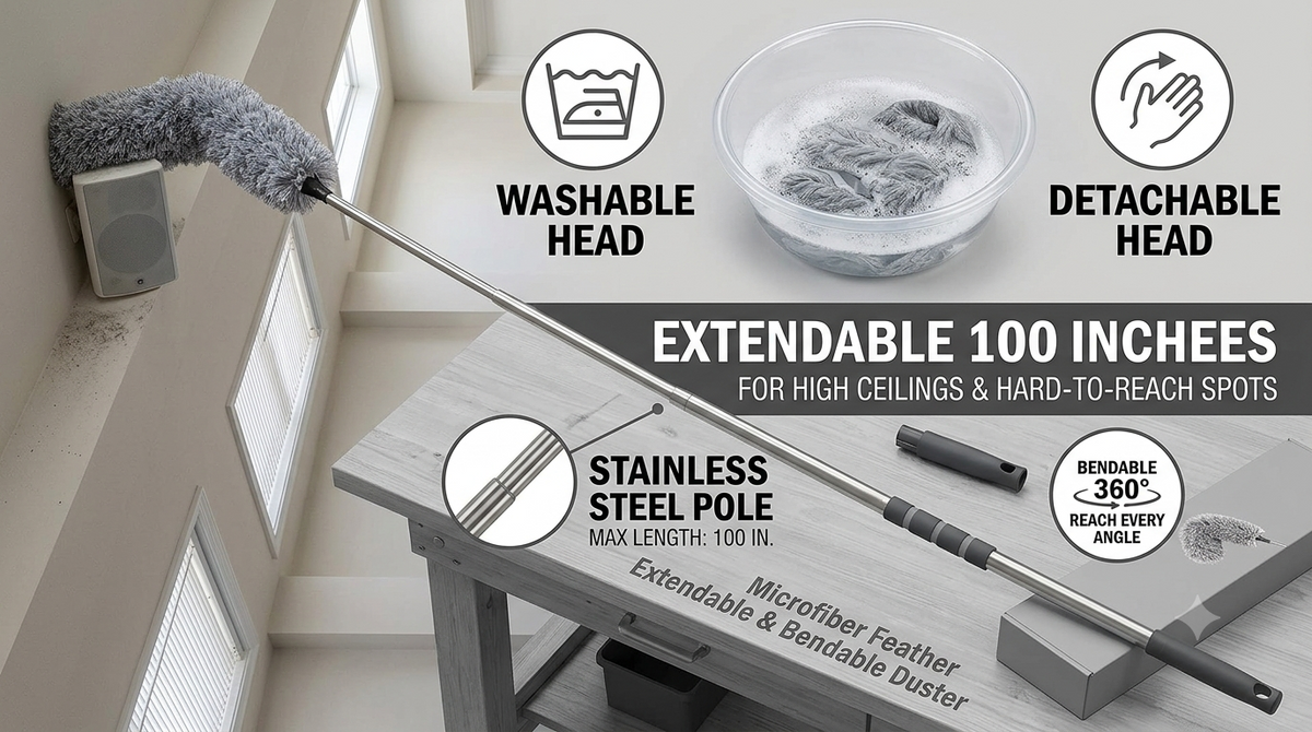 Microfiber Feather Extendable & Bendable Duster with 100-Inch Stainless Steel Pole